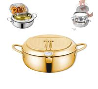 Stainless Steel Frying Pot With Thermometer And Oil Drip Drainer Rack, 304 Stainless Steel Janpanese Style Tempura Frying Pot With Lid, for French Fries, Chicken Etc (24cm,Gold-plated)