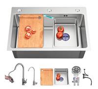 Stainless Steel Kitchen Sink - Silver Single Bowl Drop-in Workstation Sink with Sliding Accessories - Farmhouse Style 65x45x2 cm Ideal for Modern Kitchens