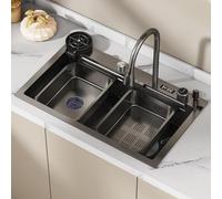 Stainless Steel Kitchen Sink with Nano Waterfall & Digital Display Single Bowl Workstation Sink Pull-Down Faucet & Cup Washer Drop-in/Undermount 75 * 45cm Complete Accessories