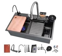 Stainless Steel Kitchen Sink with Temperature Display - Large Single Bowl Waterfall Design Handmade Nano Coating Sliding Workstation for Efficient Workflow