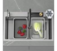 Stainless Steel Kitchen Sink Workstation - Flying Rain Waterfall Design Pull-out Tap Chopping Board Cup Washer 75x46cm Grey Ideal for Vegetable Washing & Bar Use