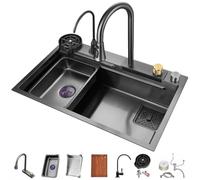 Stainless Steel Pull Down Kitchen Faucet - Modern Single Basin Sink for Home Cooking & Vegetable Washing - Essential Glass R Worktop Accessory (Noir 75x45x22cm)