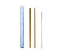 Stainless Steel Straw Set Metal Reusable Drinking With Cleaner Brush Portable Box 64(Gold-Blue Box)