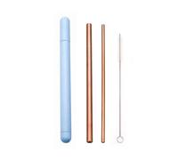 Stainless Steel Straw Set Metal Reusable Drinking With Cleaner Brush Portable Box 64(Rose Gold-Blue Box)