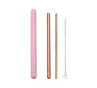 Stainless Steel Straw Set Metal Reusable Drinking With Cleaner Brush Portable Box 64(Rose Gold-Pink Box)