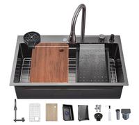 Stainless Steel Waterfall Kitchen Sink 86x50x22CM Undermount/Drop-in Single Bowl with Pull-out Faucet Workstation Drainage Basket & Accessories Durable & Stylish