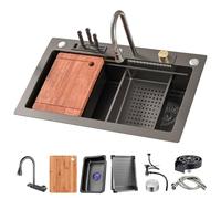 Stainless Steel Waterfall Kitchen Sink with Digital Display - Single Bowl Bar Workstation with Sliding & Draining Features for Ultimate Convenience