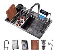 Stainless Steel Waterfall Kitchen Sink with Display Screen Single-Bowl RV Sink Cup Washer Pull-Down Faucet Complete Set - 68x45x22cm Modern Design for Home & RV