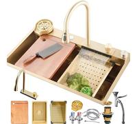 Stainless Steel Waterfall Kitchen Workstation Bar Sink with Pull-out Faucet Cutting Board Siphon & Drain Set - Black-Grey Finish Gold Accents 75x50cm