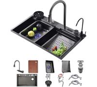 Stainless Steel Waterfall Sink with LED Display Single Bowl Kitchen Workstation Sink Pull-Down Faucet & Complete Accessory Set - Black 75x45x22cm