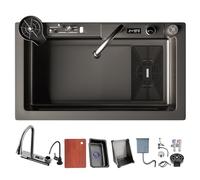 Stainless Steel Waterfall Workstation Sink with Pull-out Faucet Black-Grey Finish 85x45cm Includes Cutting Board Siphon & Drain Set Kitchen & Bar Use
