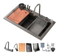 Stainless Steel Workstation Sink with Extendable Tap Compact 70x45cm Black Grey Nano Coated Cup Sink & Drain Set for Waterfall Kitchen Design