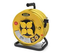 Stak REELPRO-FR-40 - Enrollador eléctrico profesional, tambor fijo, resistente al agua IP44 cable 40 m de goma 3G2,5 mm2 para obras, bricolaje, jardín, 4 enchufes, chasis de acero, color amarillo