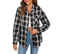 Stamain Camisa Cuadros Mujer Camisa Franela Manga Larga Camisas de Cuadros Leñador Otoño Blusas con Cuello Negro/Blanco XL