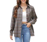 Stamain Camisa Cuadros Mujer Clásico Camisa Franela Manga Larga Casual Blusas de Cuadros Leñador con Cuello Rosa/Gris S