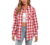 Stamain Camisa Cuadros Roja Mujer Clásico Camisa Franela Manga Larga Casual Leñador Oficina Blusas de Cuadros con Botones M