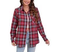 Stamain Camisa Cuadros Roja Mujer Manga Larga Casual Camisa Franela de Cuadros Algodón Elegante Leñador Camisas con Cuello XL