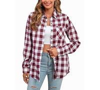 Stamain Camisa Franela Mujer Elegante Camisa Cuadros Borgoña Manga Larga Casual Leñador Blusas con Botones para Oficina XL