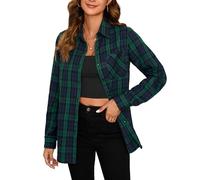 Stamain Camisas Cuadros Mujer Manga Larga Camisa Franela Leñador Clásico Casual Oficina Camisa de Cuadros con Botones Azul/Verde 2XL