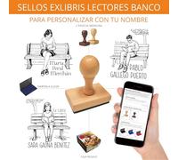 STAMPA | Sello Ex Libris Personalizado para Libros - Lectores en el Banco (3 Modelos a Elegir) | Sellos Biblioteca y Bookplate con Nombre | Sello para Libros | Caucho + Madera |Tinta Incluida