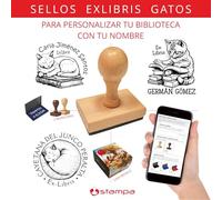 STAMPA | Sello Exlibris Gatos para Libro | Sellos para Libros personalizado con Nombre · Sello Biblioteca/Bookplate | Caucho y Madera | Almohadilla de Tinta | Ex libris Felino | Caja presentación