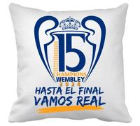 stampats Cojín con Relleno 15 Champions hasta el Final Vamos Real para Aficionado del fútbol de Madrid - Blanco, 35 x 35 cm