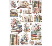 Stamperia Papel de arroz A4, diseño vintage con libros y flores para decoupage y manualidades