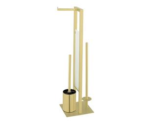 Stand Rivalta Gold - Escobillero de inodoro de pie 3 en 1 para papel higiénico, ruedas de repuesto y escobilla de inodoro, acero inoxidable, 18 x 70 x 23 cm, color dorado
