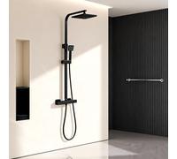 STANEW Columna de Ducha Termostática con Ducha de Techo Cuadrado de 20 cm, Sistema de Ducha Termostático 38 °C, Columna de Cucha Negra Ajustable Altura Entre (Termostática)