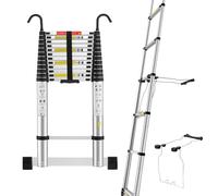 STANEW Escalera Telescópica 5M de Aluminio con Estabilizador de Escalera, Escalera Extensible con Barra de Equilibrio Inferior y Ganchos Extraíbles Adecuado, Plegable, Carga 150 kg