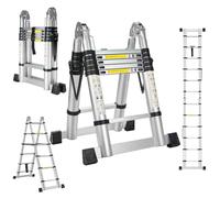 STANEW Escalera Telescópica de 3,8M (1.9+1.9M) de Aluminio, Plegable, Reposabrazos Extraíble, Multifunción Portátil Plegable Extensible, Carga Máxima de 150 kg