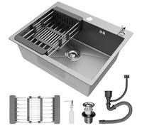 STANEW Fregadero Cocina 55 x 45 cm, Fregadero Cocina 1 Seno, Acero Inoxidable, Fregadero Bajo Encimera o Sobre Encimera con Cesta de Filtro Extensible, Filtro de Drenaje (Gris Metalizado)