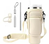 Stanley - Bolsa para tazas, soporte para accesorios de taza con correa ajustable y bolsillo para teléfono para botellas, vaso de 40/30 onzas para caminar y senderismo, Pajita + bolsa, Reutilizable con