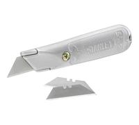 STANLEY Cuchillo 199 de Hoja Fija Metálico, Hoja Retráctil, Cuerpo de Zinc, Resorte Interno de Acero, Incluye 3 Hojas de Recambio, Longitud 140mm, 2-10-199