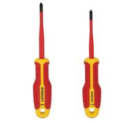 STANLEY FATMAX Juego de 2 destornilladores aislados VDE Borneo, FMHT65768-0 | Plano 1 x 80 mm y Pozidriv 2 x 100 mm; alto par de apriete, mango antirrodadura y orificio integrado para colgar