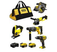 STANLEY FatMax Kit SVK20524A (Taladro Percutor SFMCD721 + Martillo SFMCH900 + Sierra Circular SFMCS500 + Sierra de Calar SFMCS600 + Mini-Amoladora SFMCG400 + 2 Baterías 4,0 Ah + Cargador + Bolsa XL)