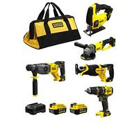 STANLEY FatMax Kit SVK20524B (Taladro Percutor SFMCD721 + Martillo SFMCH900 + Sierra de Calar SFMCS600 + Mini-Amoladora SFMCG400 + Sierra Sable SFMCS300 + 2 Baterías de 4,0 Ah + Cargador + Bolsa XL)