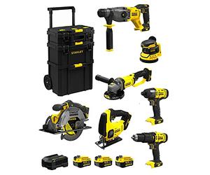 STANLEY FatMax Kit SVK707 (SFMCH900 + SFMCG400 + SFMCD711 + SFMCF800 + SFMCS500 + SFMCS600 + SFMCW220 + 3 Baterías de 4,0 Ah + Cargador + Carro 3en1)