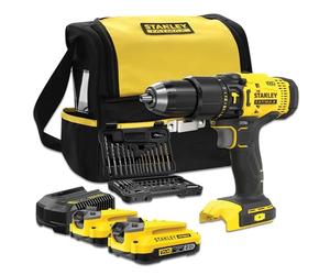 STANLEY FATMAX SFMCD711DSA-QW - Taladro Percutor 18V, Gama V20, 2 velocidades, Luz LED, Incl. juego de brocas y 50 piezas, 2 baterías recargables de 2,0 Ah, cargador y bolsa de herramientas
