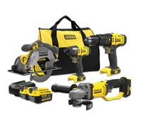 STANLEY FATMAX SFMCK469M2-QW - Kit combinado V20 (18 V, compuesto por Taladro Percutor, Sierra Circular de mano, Amoladora Angular, Atornillador de Impacto, Cargador y 2 baterías de 4,0 Ah)