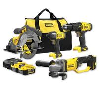 STANLEY FATMAX SFMCK469M2-QW - Kit combinado V20 (18 V, compuesto por Taladro Percutor, Sierra Circular de mano, Amoladora Angular, Atornillador de Impacto, Cargador y 2 baterías de 4,0 Ah)