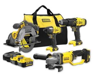 STANLEY FATMAX SFMCK469M2-QW - Kit combinado V20 (18 V, compuesto por Taladro Percutor, Sierra Circular de mano, Amoladora Angular, Atornillador de Impacto, Cargador y 2 baterías de 4,0 Ah)