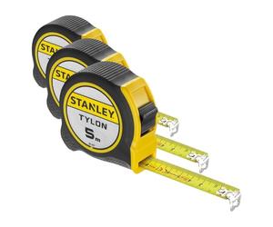 STANLEY Flexómetro Tylon de 5 m, Cinta Métrica, Cinta de Acero Resistente, Revestimiento Duradero Tylon (aumenta en 50% durabilidad), Diseño Compacto Ergonómico, 0-30-697 (Paquete de 3)