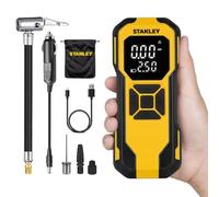 STANLEY - Inflador de aire mini inalámbrico, bomba portátil de 12V para neumáticos de coche y bicicleta, manómetro digital y luz LED, diseño compacto, amarillo