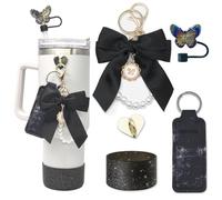 Stanley - Juego de accesorios para tazas, incluye correa de asa de vaso de cadena de perlas y lazo, tapa de popote de mariposa, soporte para lápiz labial y funda de silicona para taza Stanley de 40