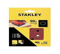 STANLEY STA31108-XJ - 10 hojas de lija perforadas. 1/4 (114 x 114mm). Grano surtido. 4 x G 80, 3 x G 120 y 3 x G 180. Autoadherentes. Madera, pintura y barniz.