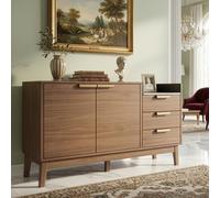 STAPERFO Aparador con tapa de mármol y aspecto de roble, 3 cajones, armario de doble puerta con estantes de altura ajustable y patas de madera maciza, 120 x 40 x 77 cm