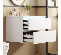 STAPERFO Armario de pared para debajo del lavabo de 61 cm, color blanco, con sensor de radar LED, 2 cajones de cierre suave y lavabo de cerámica integrado, resistente a la humedad, para baño de
