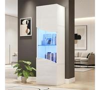 STAPERFO Armario de vitrina para salón, armario de pie con LED, 4 niveles, cristal brillante, diseño ondulado, estrecho, 165 cm de alto, blanco, 35 x 50 x 165 cm