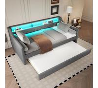 STAPERFO Cama de día 90 x 200 cm con cama nido y LED - Sofá cama con estación de carga USB y control de aplicación, moderna cama de invitados en color gris, lino, sin colchón